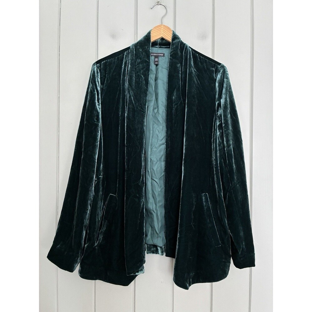 Eileen Fisher Velvet Jacket M Medium Green Silk Blend Open Front Cardigan Blazer